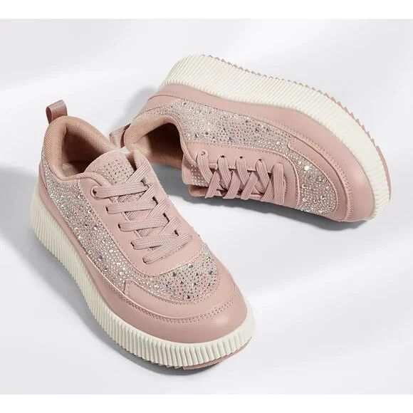 Lucky Step Women's Pink Rhinestone Platform Sneakers Fashion Chunky Shoes - Picture 5 of 6